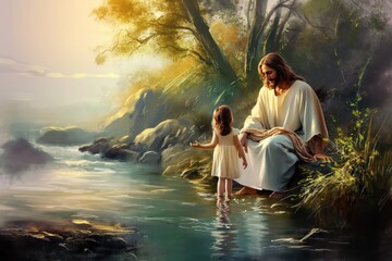 Jesus Christ stands by serene river, comforting young girl. Illustration features soft watercolor colors, gentle brushstrokes. Jesus kind face, girl curious expression convey warmth, intimacy.