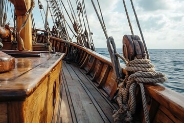 Obraz premium Close up of wooden deck and ropes on an old sailing ship at sea.