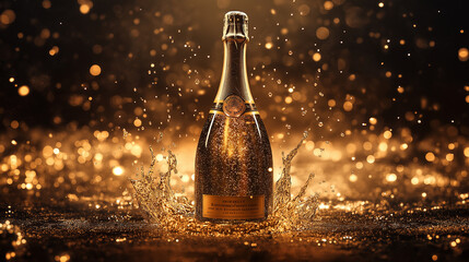 A 3D render of a massive champagne bottle. The bottle is adorned with splashes, blending seamlessly into the background