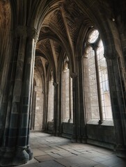 Obraz premium Interior of ancient stone cathedral with pillars, arches, large windows. Scottish Gothic architecture landmark in UK. Historic European building with intricate details, stained-glass windows, ornate