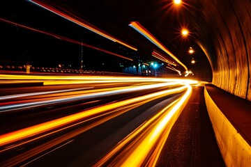 Fototapeta premium Abstract light trails of cars driving through tunnel at night