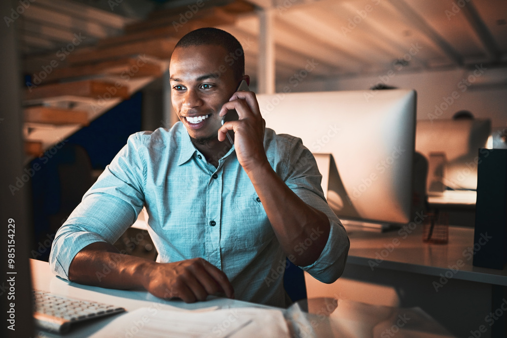Poster night, phone call and man at desk with computer, smile and networking for online connectivity at dig