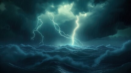 Stormy sea with turbulent waves crashing against shore. Lightning illuminates dark sky with bright white flash. Powerful energy crackles through air as jagged thunderstorm rages on.