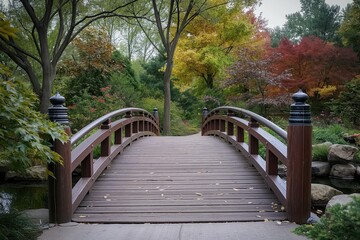 Wooden bridge in serene Japanese garden with natural scenery. Wooden bridge over small creek with flowing water and lush plants. Anderson Japanese Garden iconic landmark.