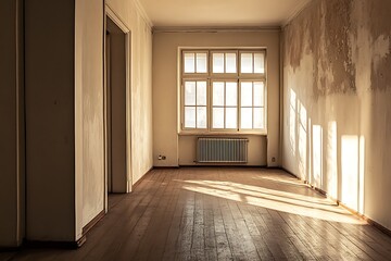 Fototapeta premium Empty room with sunlight shining through the window, waiting for renovation