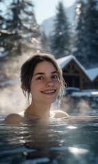 Fototapeta premium A hyper-realistic photograph of a highly detailed smiling woman in a hot spring on a sunny day. Steam rises from the water