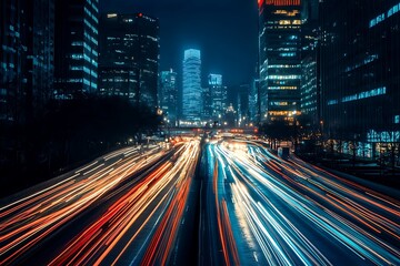 Fototapeta premium Long Exposure of City Street Lights at Night
