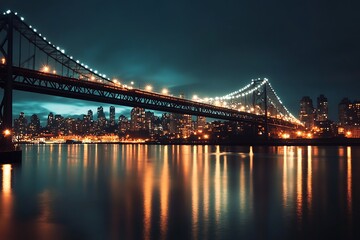 Fototapeta premium Night view of city skyline with bridge and reflections in water