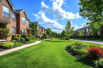 Fototapeta premium Suburban Neighborhood with Lush Green Grass and Brick Houses