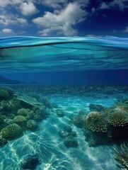 Obraz premium Underwater landscape with sandy ocean floor and blue waves. Tropical marine life amidst coral reef. Aqualung diver in distance, sunlight filters through water.