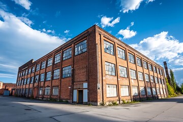 Abandoned brick factory building with broken windows under a blue sky