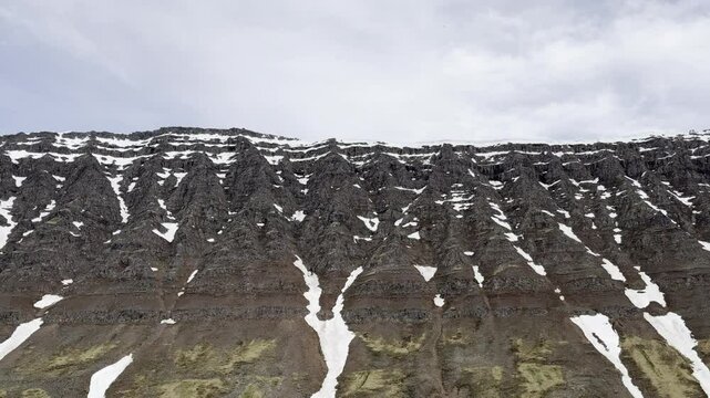 Isafjordur, Iceland - close scenic view of flat top mountains carved and caused by subglacial eruption and ice scraping