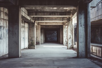 Obraz premium Abandoned industrial hallway with concrete pillars and faded walls.