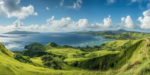 Panoramic landscape of rolling hills overlooking blue sea in Batanes, Philippines. Green grass-covered hills stretch towards sky with few scattered trees. Scenery serene, peaceful, perfect for summer