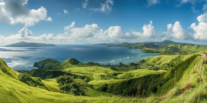 Panoramic landscape of rolling hills overlooking blue sea in Batanes, Philippines. Green grass-covered hills stretch towards sky with few scattered trees. Scenery serene, peaceful, perfect for summer