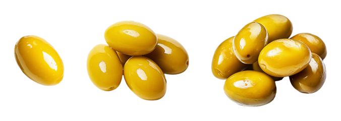 Pickled green olives in groups and singles on transparent background
