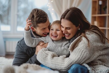 Happy family with little son playing on floor. Mother and father smile, enjoying quality time together. Children have fun, play games on winter vacation at home. Cosy atmosphere in living room.
