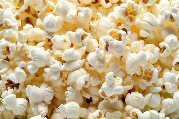 Cluster of crunchy, salty popcorn kernels on white surface. Fresh, delicious, tasty snack food. Unhealthy, junk, fast food option, in salt. Crunchy texture, bursting with flavor, perfect for movie