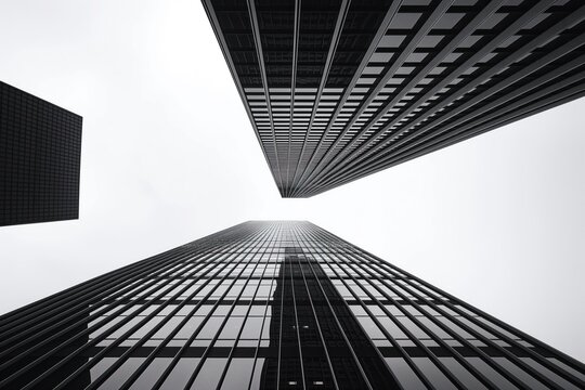 Modern skyscraper facade in black, white. Bottom view from below with white sky on left as copy space. Urban cityscape architecture, business buildings, glass windows, steel frame, concrete structure.