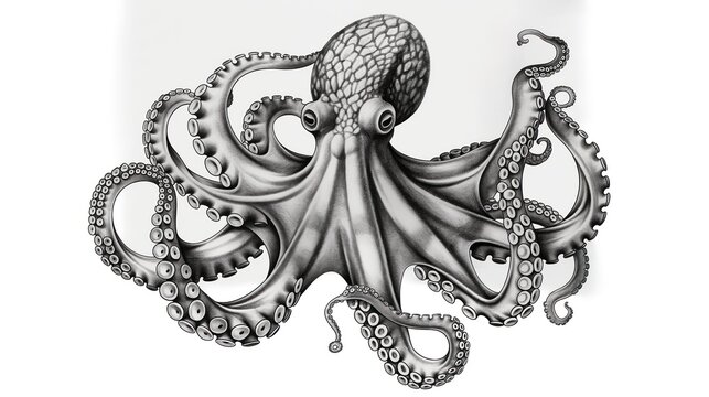 recommend clip art: Black and white illustration of an octopus in a stylized underwater scene. Eight tentacles spread out from the central body. Intricate lines and shapes create a sense of texture and depth.
