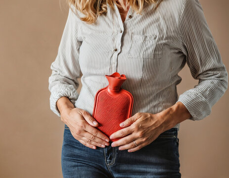 Eine Frau h&auml;lt sich eine W&auml;rmflasche an den Bauch wegen Bauchschmerzen