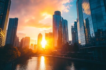 Obraz premium Golden Hour Sunset over Modern City Skyline and River
