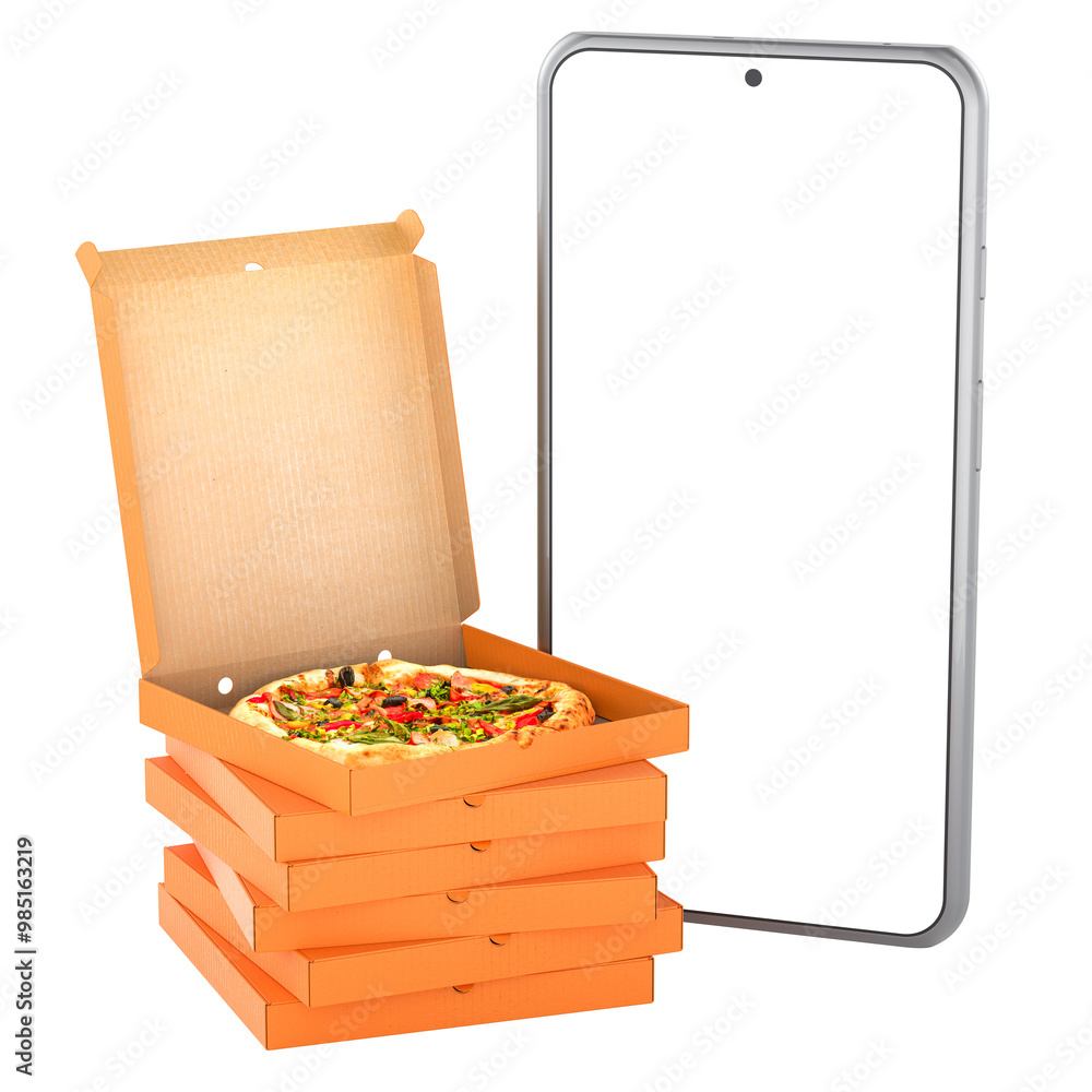 Poster pizza boxes and smartphone with transparent screen. online order of pizza, concept. 3d rendering iso