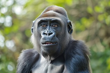 Fototapeta premium Close-up portrait of gorilla in outdoors setting. Primate strong face visible, with smirking expression. Jungle foliage surrounds monkey, creating natural habitat. Animal brown, with subtle texture.