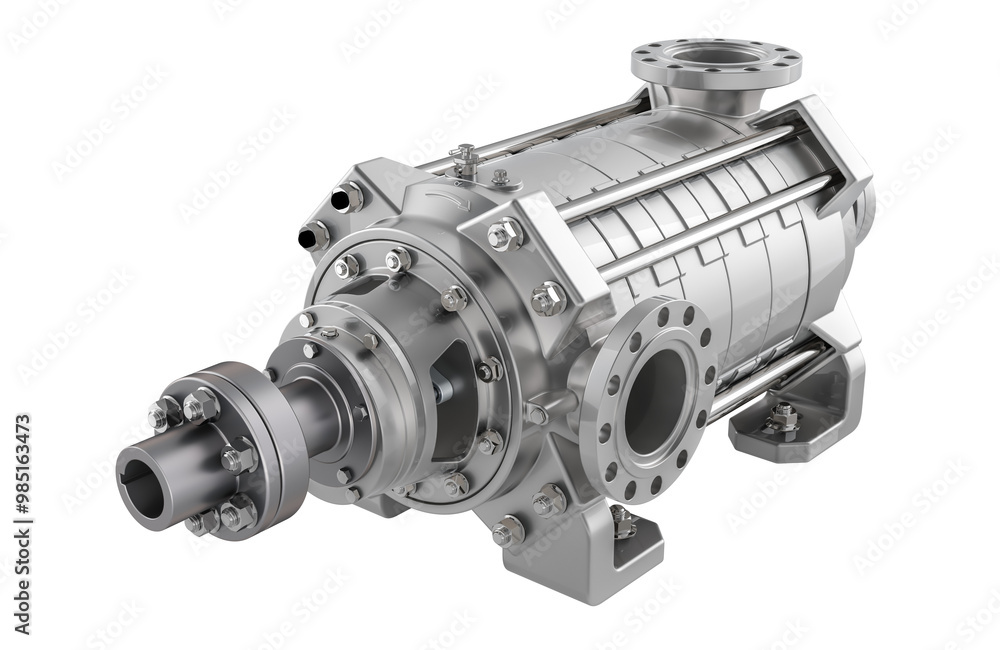 Poster silver horizontal multistage centrifugal pump, 3d rendering isolated on transparent background