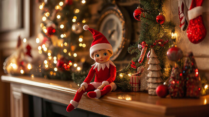 Adorable Christmas elf figure perched on a mantel, with glowing holiday lights and traditional decorations, adding a playful touch to the festive decor.