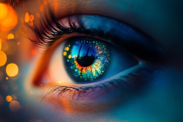 Fototapeta premium Close up of colorful human eye with reflection of cityscape in pupil