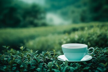 White cup of tea on green tea plantation with a blurred background