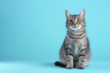 Cute gray tabby cat sits on light blue background. Lovely domestic companion animal with fluffy fur and whiskers. Beautiful cat breed with gray and white striped pattern.