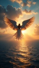Fototapeta premium Serene angel flying over ocean at dusk wings shimmering in warm sunset light