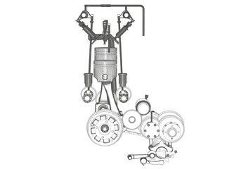 Two-cylinder engine on a white background.