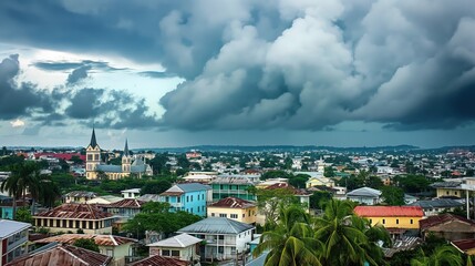 Obraz premium Georgetown cityscape in Guyana with tower, house, colourful tree, bush in cloudy gloomy blue sky. Ancient urban coastal architecture building. Scenic view of city tour tourism outdoors exterior.