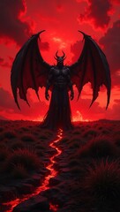 Fototapeta premium Sinister demon with outstretched wings in fiery landscape under blood red sky