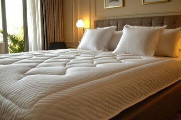 White Quilted Mattress with Pillows and a Brown Headboard