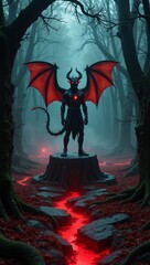 Sinister demon on cracked stone altar in eerie forest with red fog