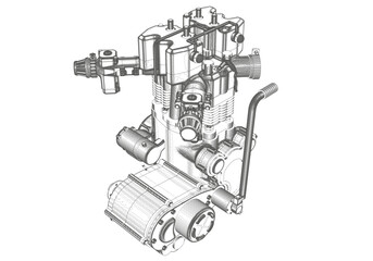 Black motorcycle engine on white background.