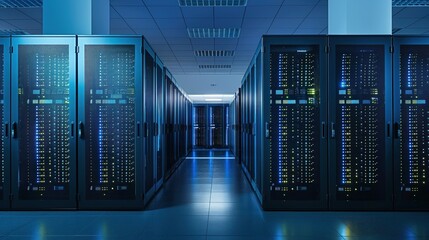 Modern data center with multiple rows of server racks, fully operational for cloud computing, artificial intelligence, database, and super computer technology.