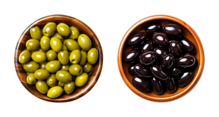 Pickled green and black olives in wooden bowls on transparent background