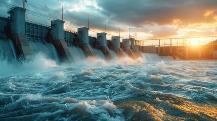 Hydroelectric Dam at Sunset with Turbulent Water