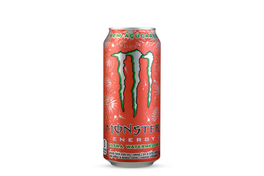SAO PAULO, BRAZIL - SEPTEMBER 20, 2024 MONSTER ENERGY DRINK ULTRA WATERMELON SUGAR FREE, 473 ml can, on a white background