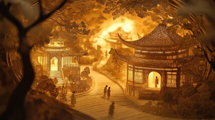 A miniature paper cut-out of a Chinese village with pagodas, trees, and a couple walking through a path. The scene is illuminated from behind, creating a warm glow.