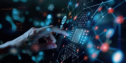 Hand reaches towards computer screen displaying complex network of interconnected lines and dots. Dark background features silhouette of keyboard and mouse in top left corner.