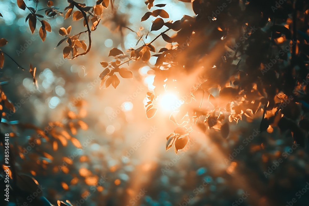 Poster sun shining through leaves with soft light and bokeh effect