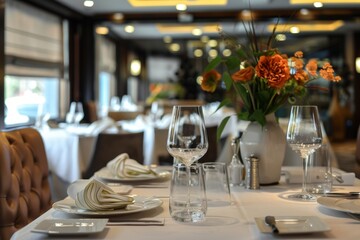 Fototapeta premium A table with two plates of food and two wine glasses, generative ai image