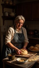 Woman baking bread in cozy rustic kitchen with firelight creating warm ambiance