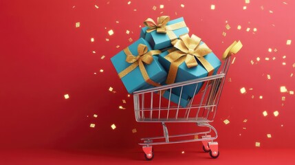 A silver shopping cart overflowing with blue gift boxes with gold ribbons and confetti on a red background.